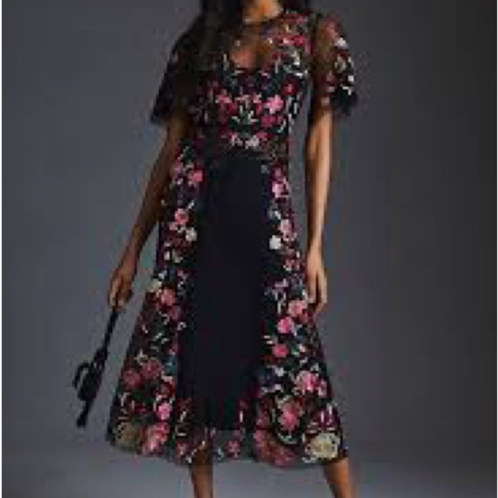 Anthropologie Elegant Black Floral Midi Dress with Pink Embroidery
